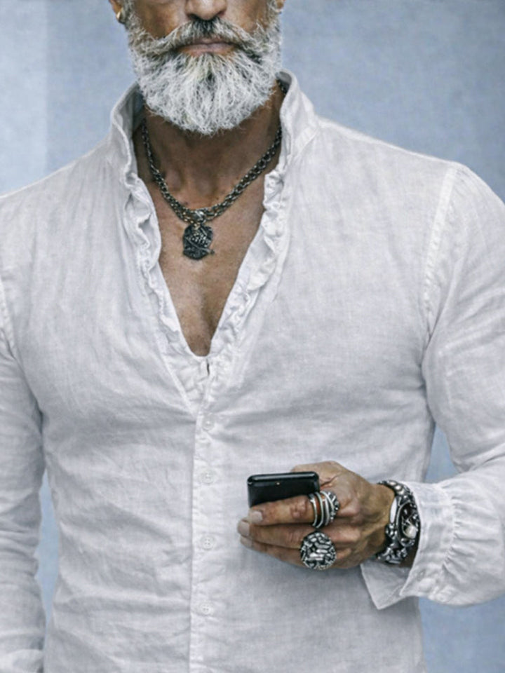 Men's Shirt Cotton Ruffled Neck Slim Fit Long Sleeve Button-Up Casual