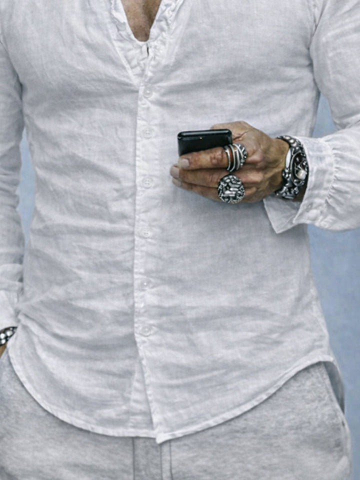 Men's Shirt Cotton Ruffled Neck Slim Fit Long Sleeve Button-Up Casual