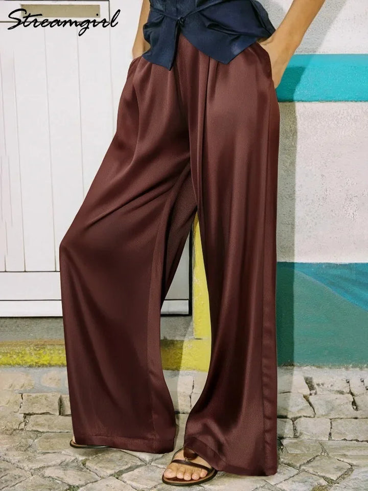 Women's Pants Satin Wide Leg High Waist Loose Fit Pockets Casual