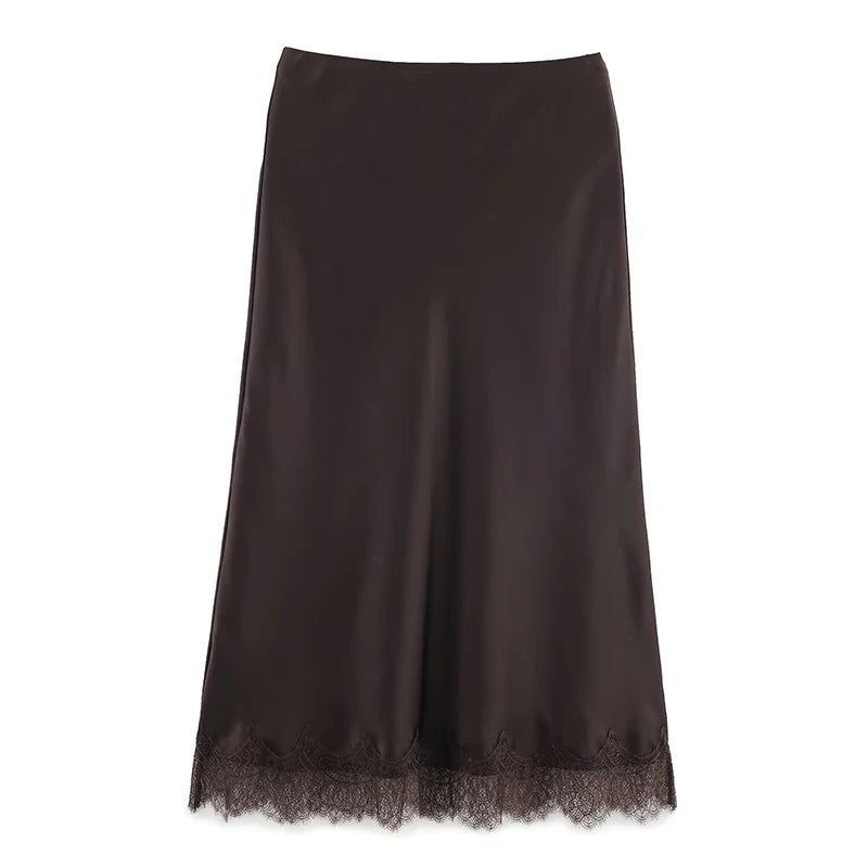Women's Midi Skirt Lace Pleated High Waist A-Line Elegant Casual Formal Wear