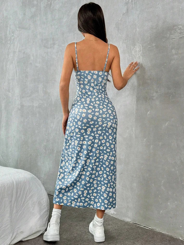 Vestido largo de mujer con estampado de leopardo, sin tirantes, cruzado, con abertura alta y ajuste ceñido