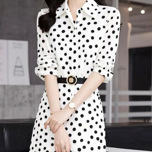 Robe midi femme à pois, manches 3/4, col chemise rabattable, taille ceinturée