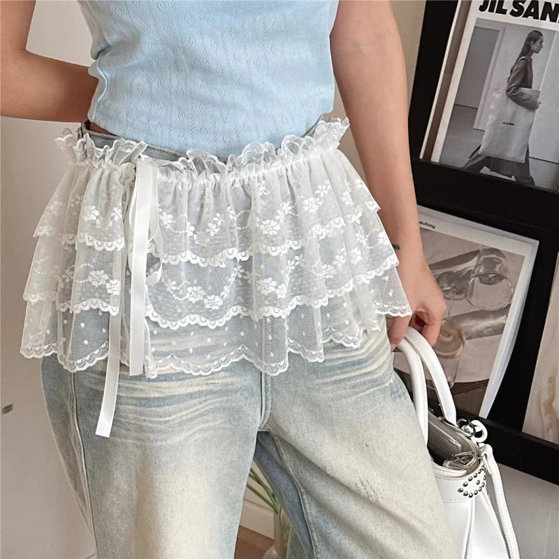 Falda de encaje para mujer con malla floral, dobladillo irregular, capa superpuesta transparente, casual