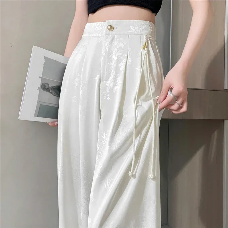 Women's Pants Satin Jacquard Wide Leg Loose Fit High Waist Casual Office