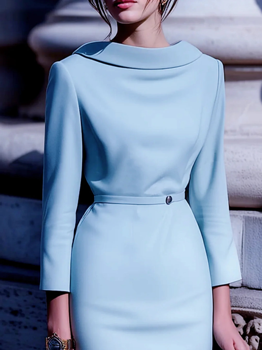Robe midi femme col à revers dos en V ceinturée manches mi-longues coupe régulière – Occasion professionnelle
