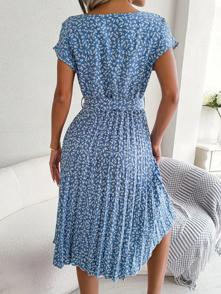 Vestido midi para mujer de gasa con estampado floral, escote en V, manga corta, corte en línea A, tipo pulóver – Casual de verano