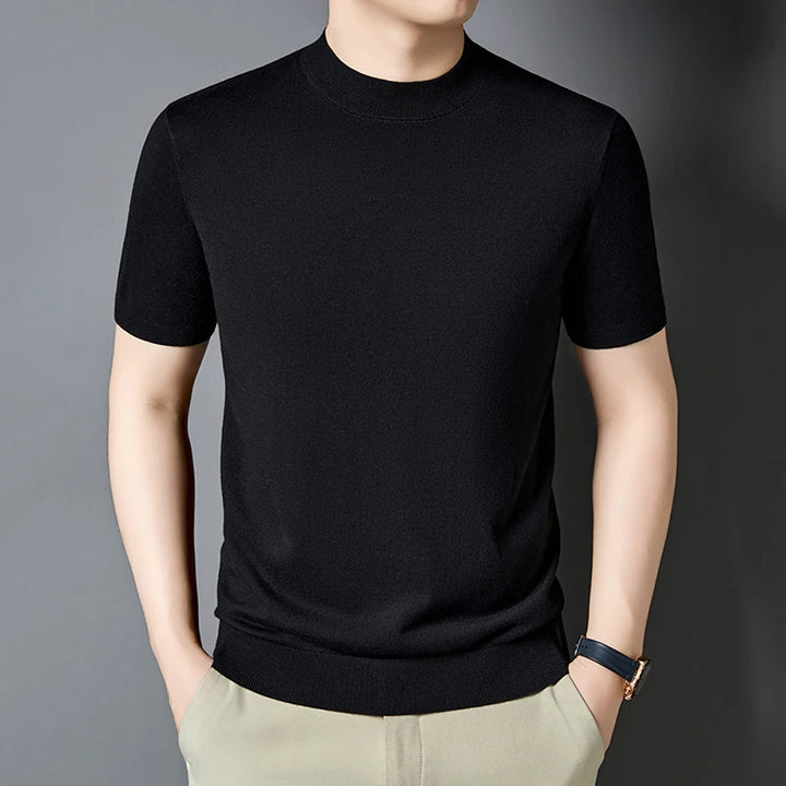 T-shirt homme en maille de soie et laine, coupe slim, manches courtes, col montant, décontracté