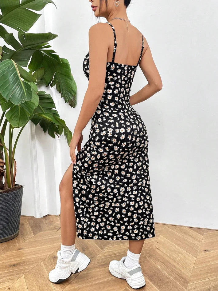 Vestido largo de mujer con estampado de leopardo, sin tirantes, cruzado, con abertura alta y ajuste ceñido