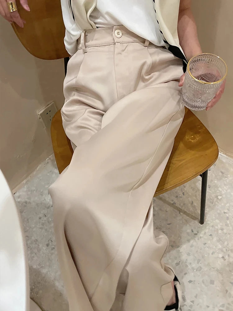 Pantalones de mujer de satén, pierna ancha, cintura alta, ajuste holgado, largo completo, casual
