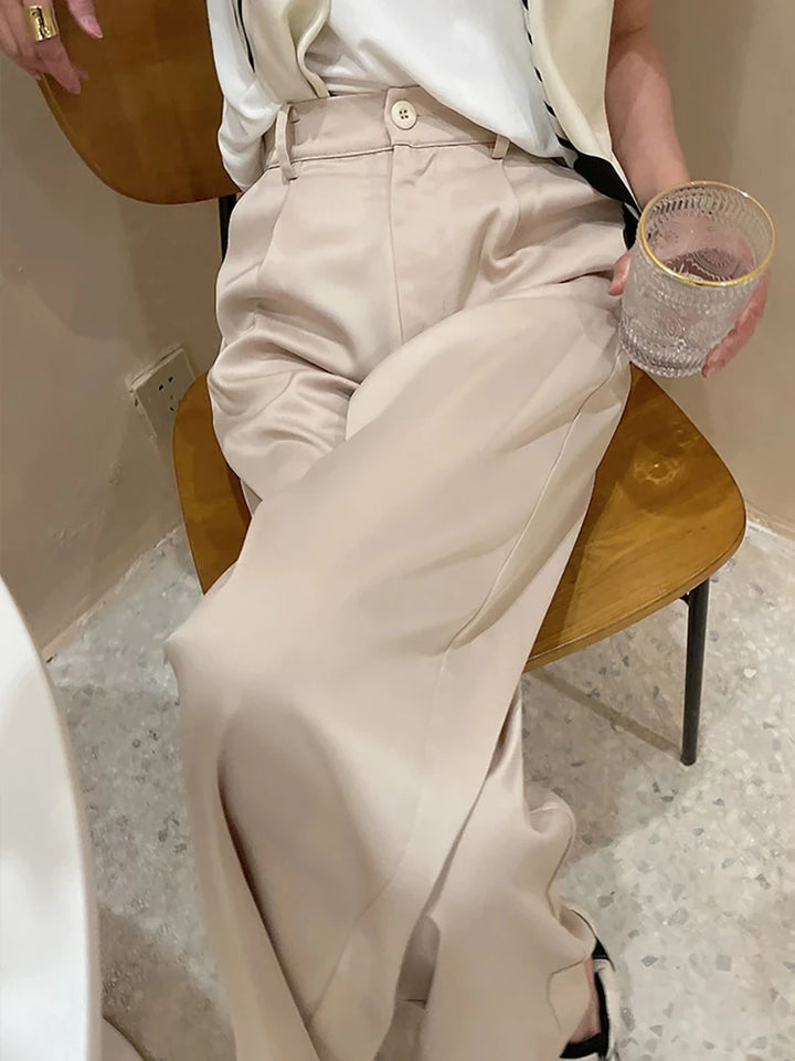 Pantalones de mujer de satén, pierna ancha, cintura alta, ajuste holgado, largo completo, casual