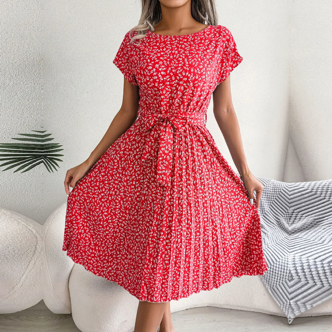 Women's Maxi Dress Chiffon Floral Pleated Short Sleeve High Waist A-Line – Casual Summer