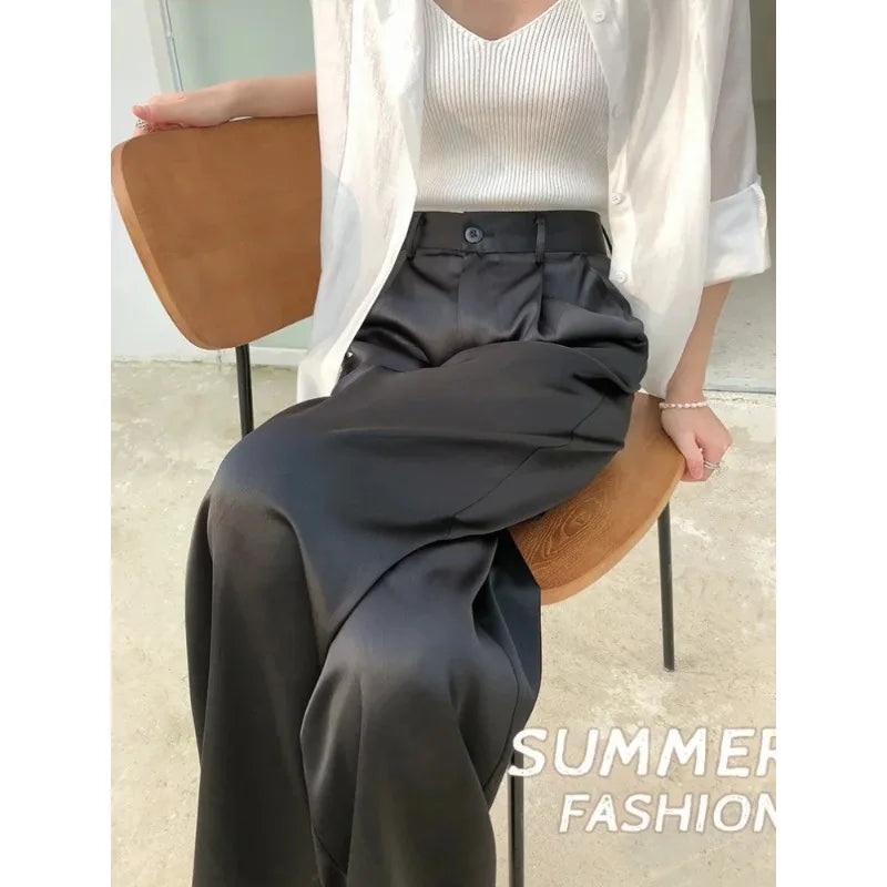 Pantalones de mujer de satén, pierna ancha, cintura alta, ajuste holgado, largo completo, casual