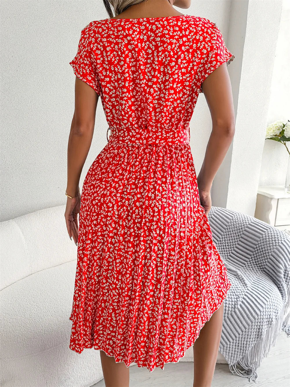 Women's Maxi Dress Chiffon Floral Pleated Short Sleeve High Waist A-Line – Casual Summer