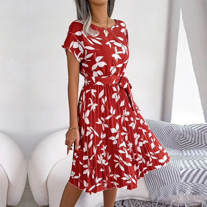 Women's Maxi Dress Chiffon Floral Pleated Short Sleeve High Waist A-Line – Casual Summer