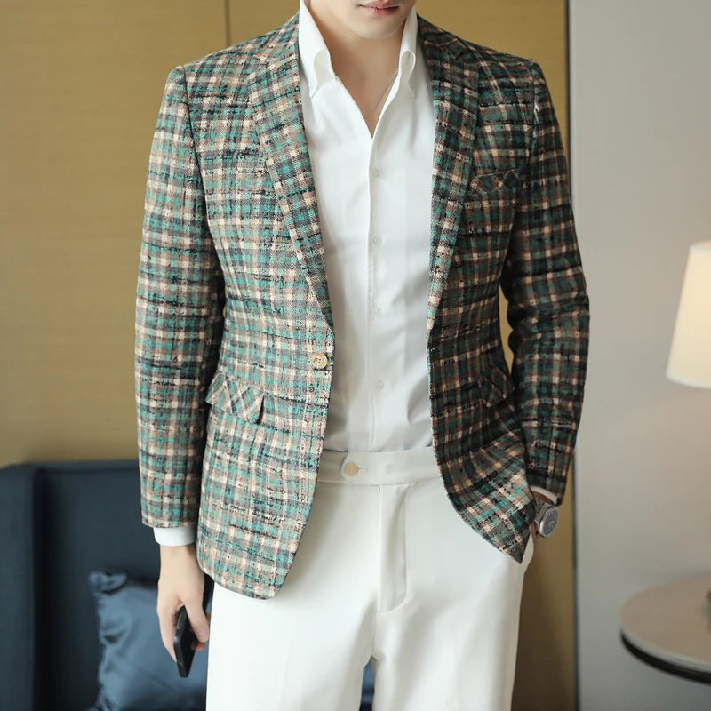 Men's Blazer Plaid Slim Fit Button Closure Long Sleeve Business Casual