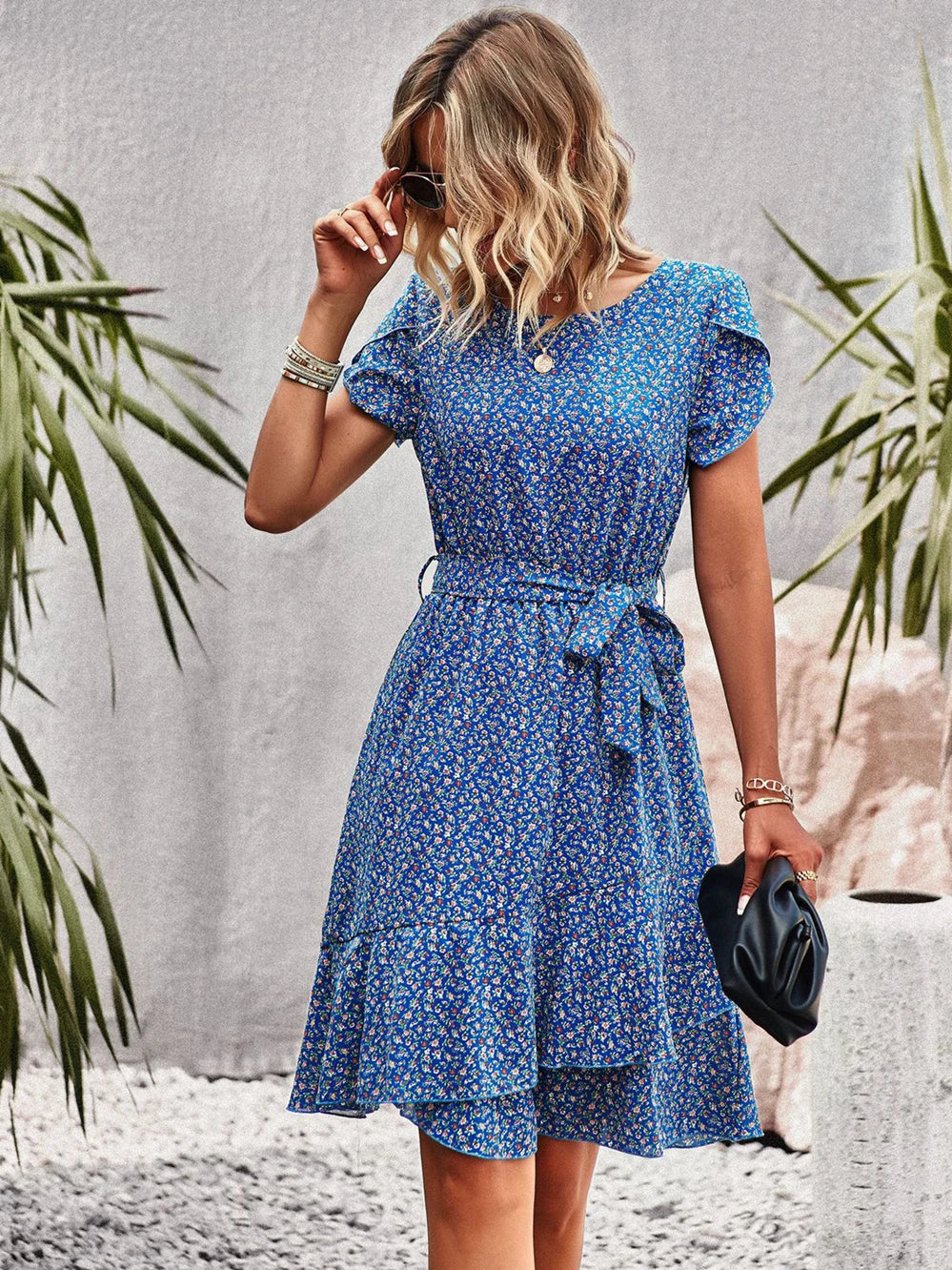 Vestido corto para mujer de viscosa con estampado floral, casual para verano