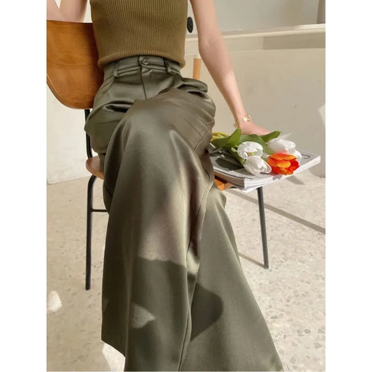 Pantalon femme en satin, jambe large, taille haute, coupe ample, longueur totale, décontracté