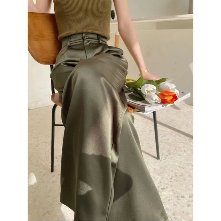 Pantalones de mujer de satén, pierna ancha, cintura alta, ajuste holgado, largo completo, casual
