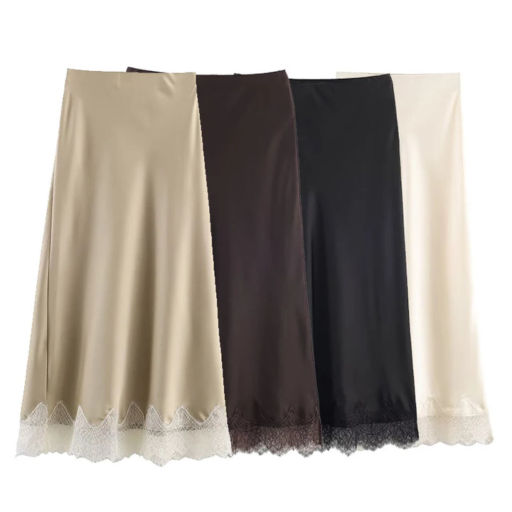 Women's Midi Skirt Lace Pleated High Waist A-Line Elegant Casual Formal Wear