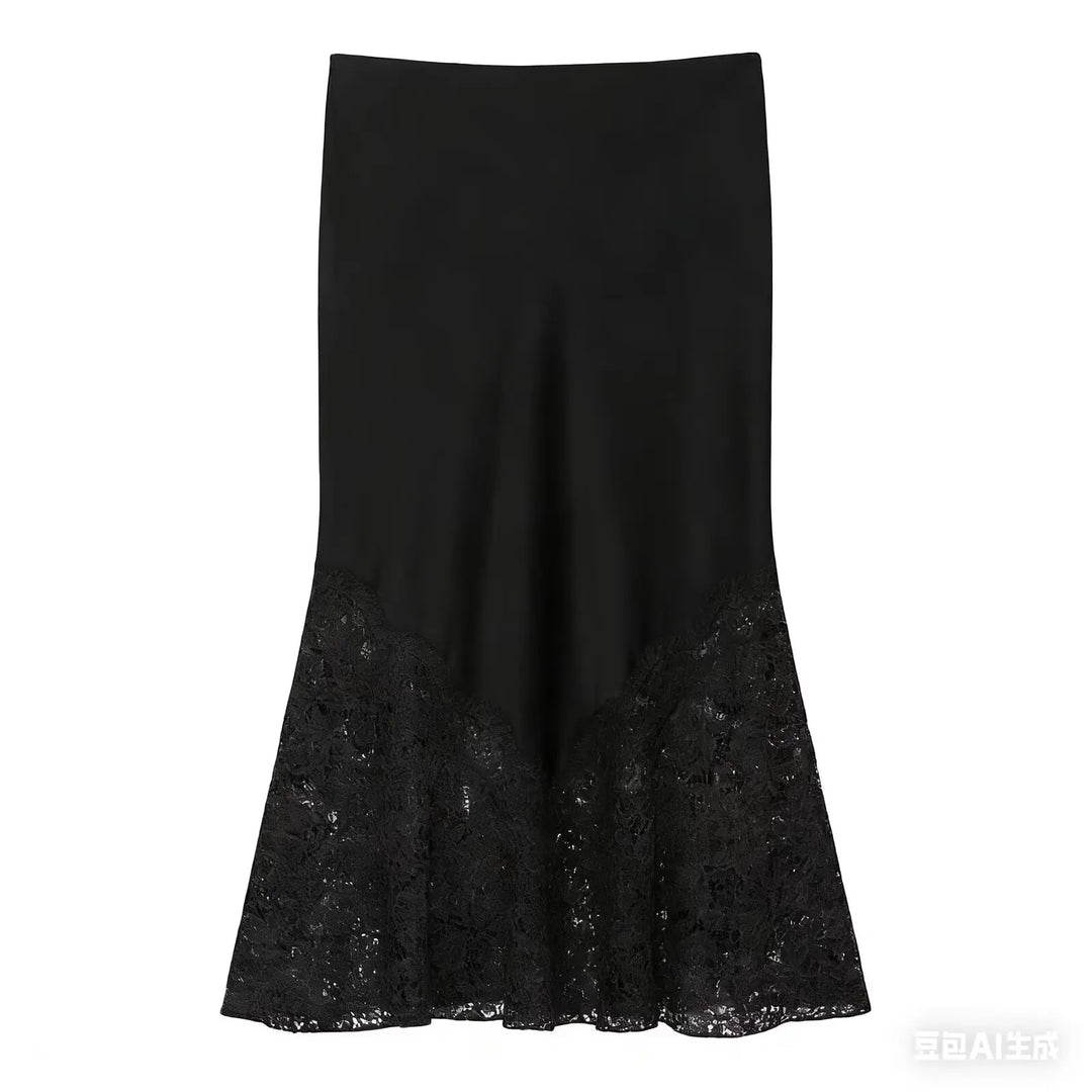 Jupe midi femme en satin avec dentelle, taille haute, coupe trapèze, fente latérale, tenue décontractée d'été