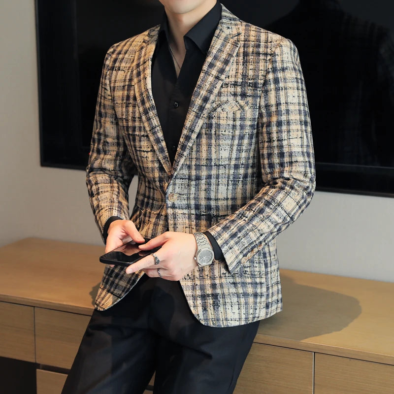 Men's Blazer Plaid Slim Fit Button Closure Long Sleeve Business Casual