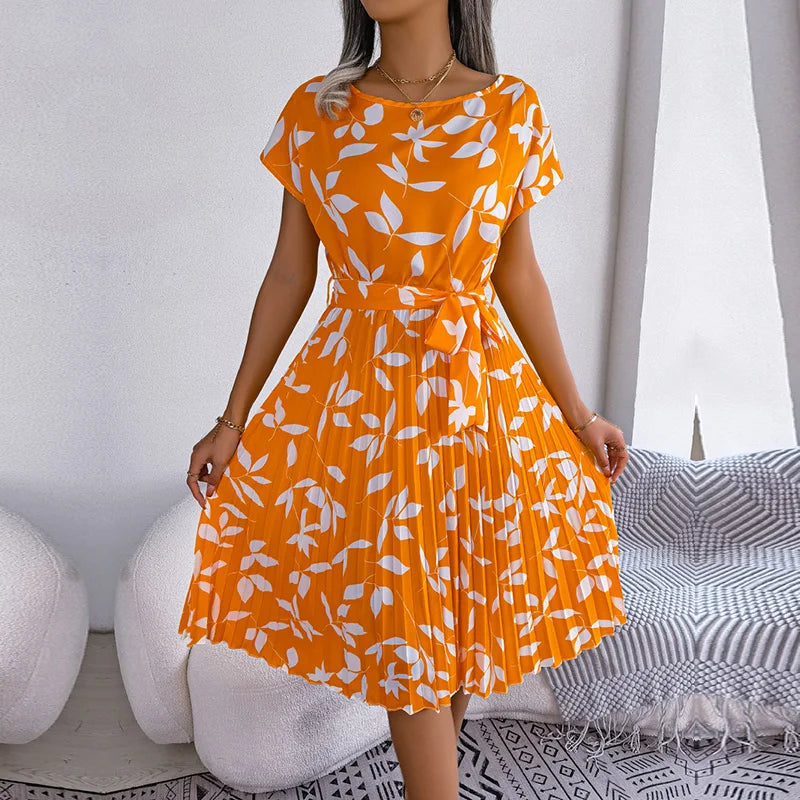 Women's Maxi Dress Chiffon Floral Pleated Short Sleeve High Waist A-Line – Casual Summer