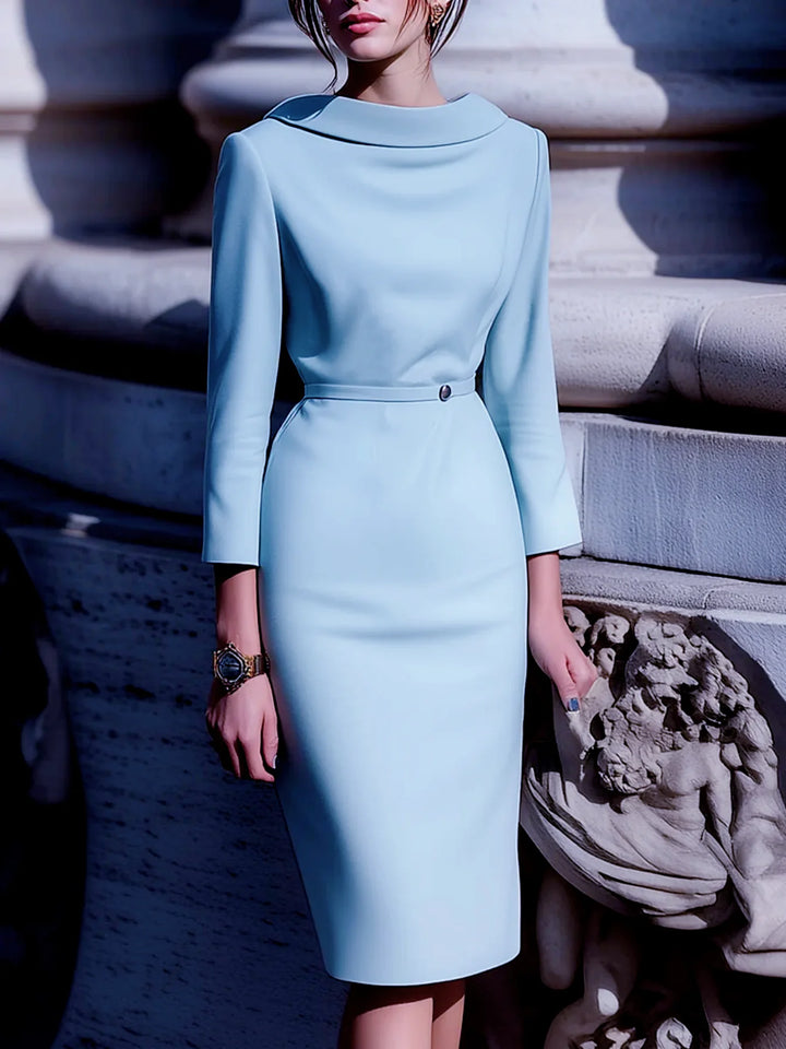 Robe midi femme col à revers dos en V ceinturée manches mi-longues coupe régulière – Occasion professionnelle
