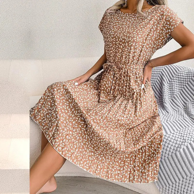 Women's Maxi Dress Chiffon Floral Pleated Short Sleeve High Waist A-Line – Casual Summer