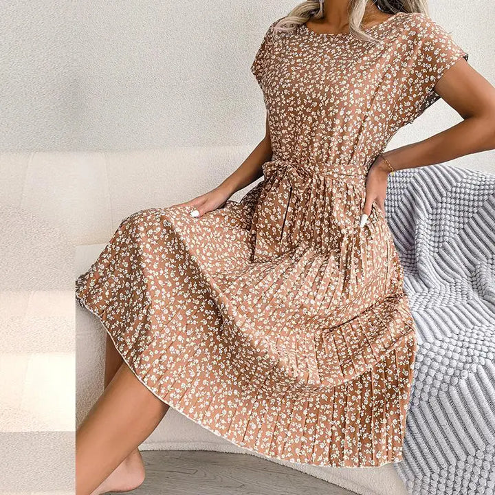Women's Maxi Dress Chiffon Floral Pleated Short Sleeve High Waist A-Line – Casual Summer
