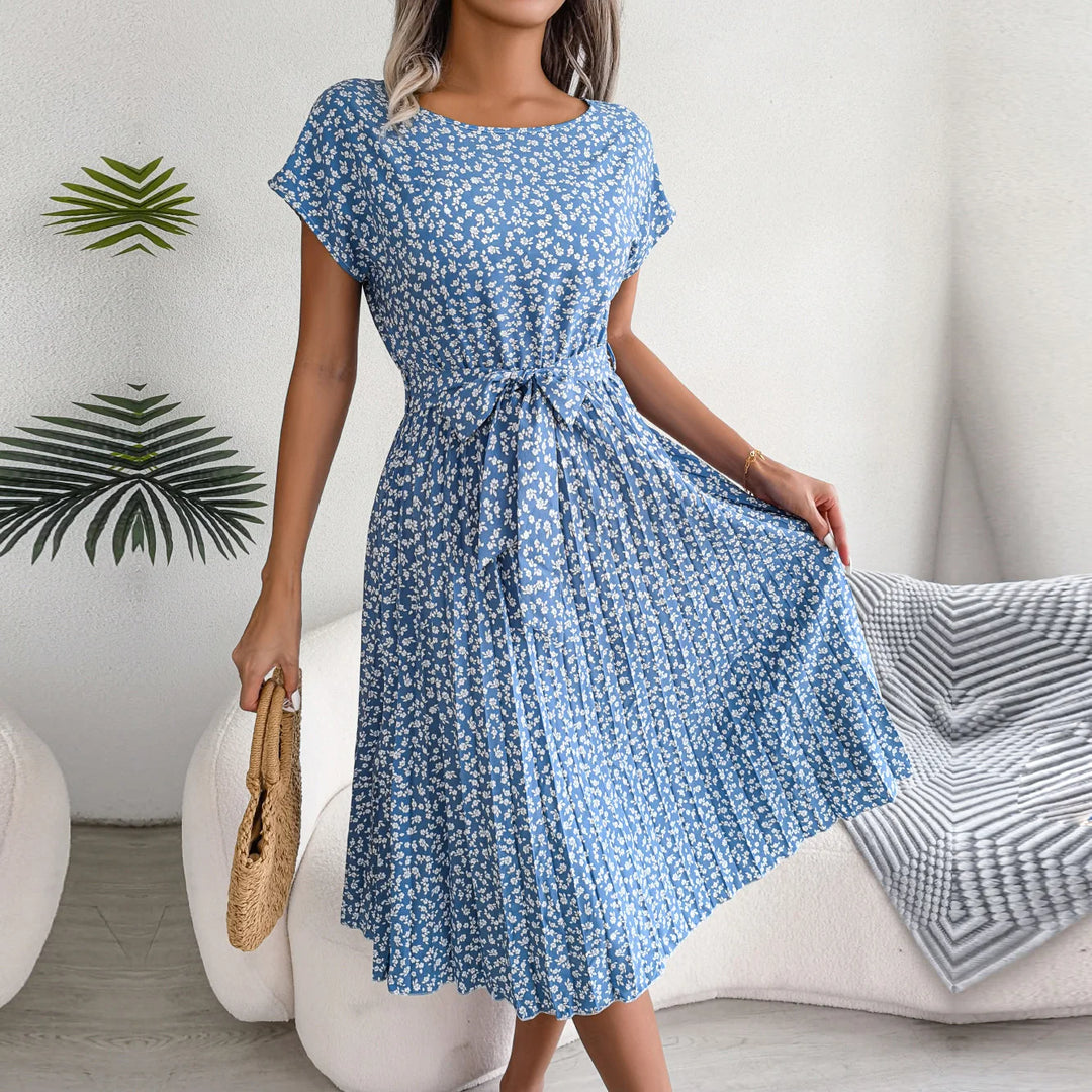 Women's Maxi Dress Chiffon Floral Pleated Short Sleeve High Waist A-Line – Casual Summer