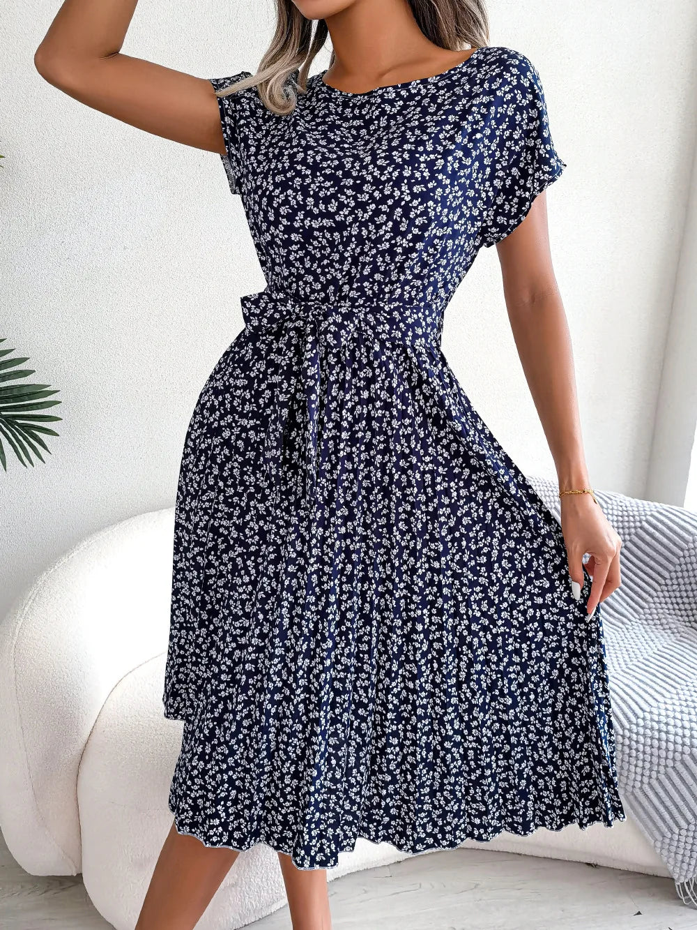 Women's Maxi Dress Chiffon Floral Pleated Short Sleeve High Waist A-Line – Casual Summer