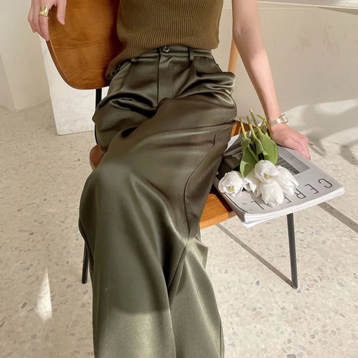 Pantalones de mujer de satén, pierna ancha, cintura alta, ajuste holgado, largo completo, casual
