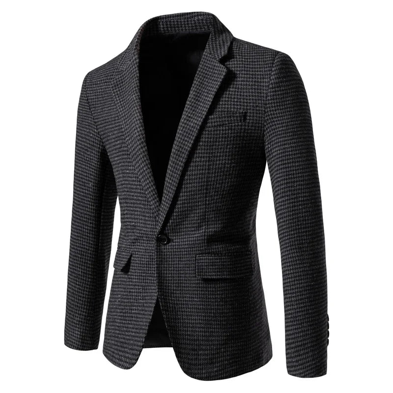 Men's Blazer Houndstooth Slim Fit Button Closure Long Sleeve Business Casual