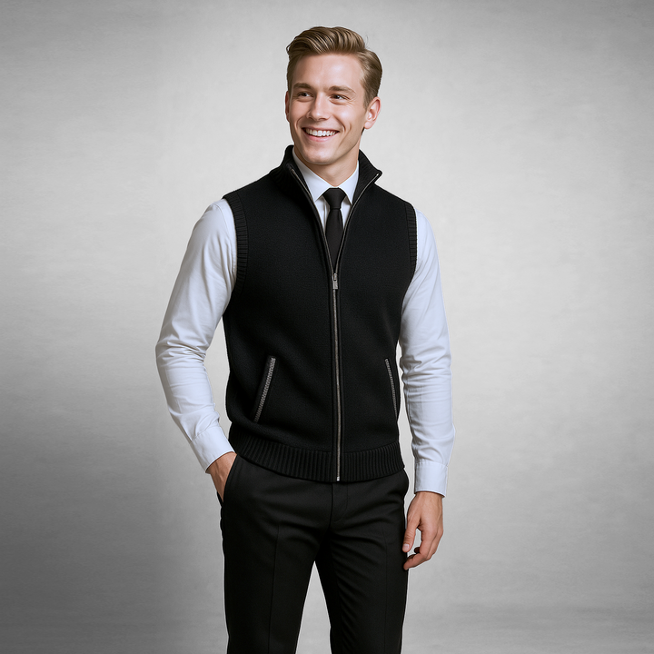 Gilet tricoté homme zippé col montant sans manches décontracté