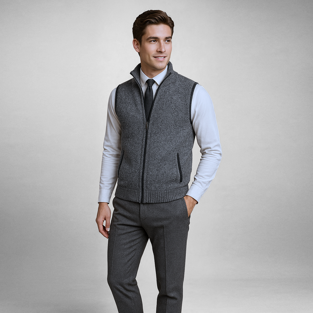 Gilet tricoté homme zippé col montant sans manches décontracté