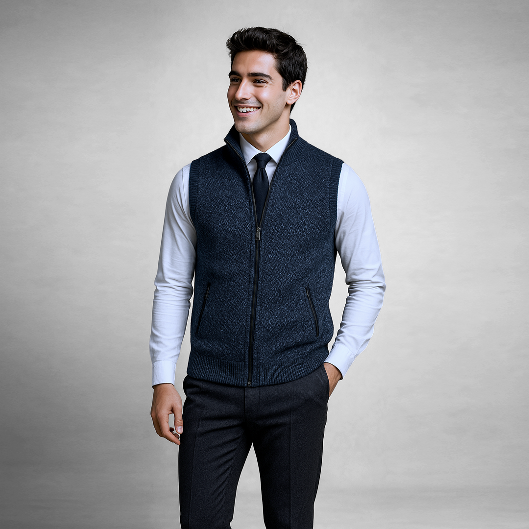 Gilet tricoté homme zippé col montant sans manches décontracté