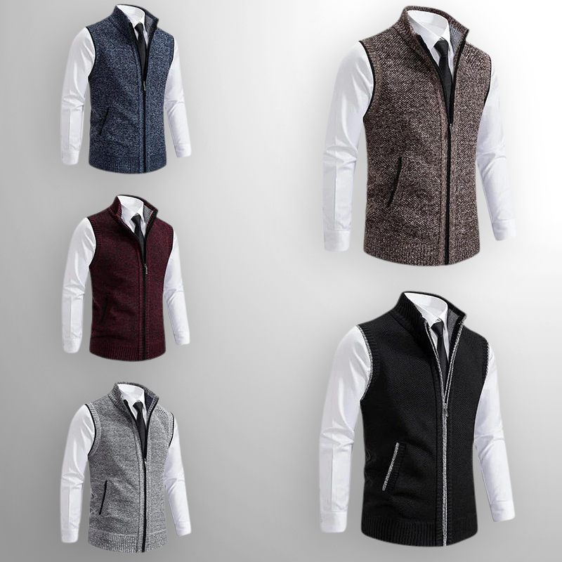 Gilet tricoté homme zippé col montant sans manches décontracté