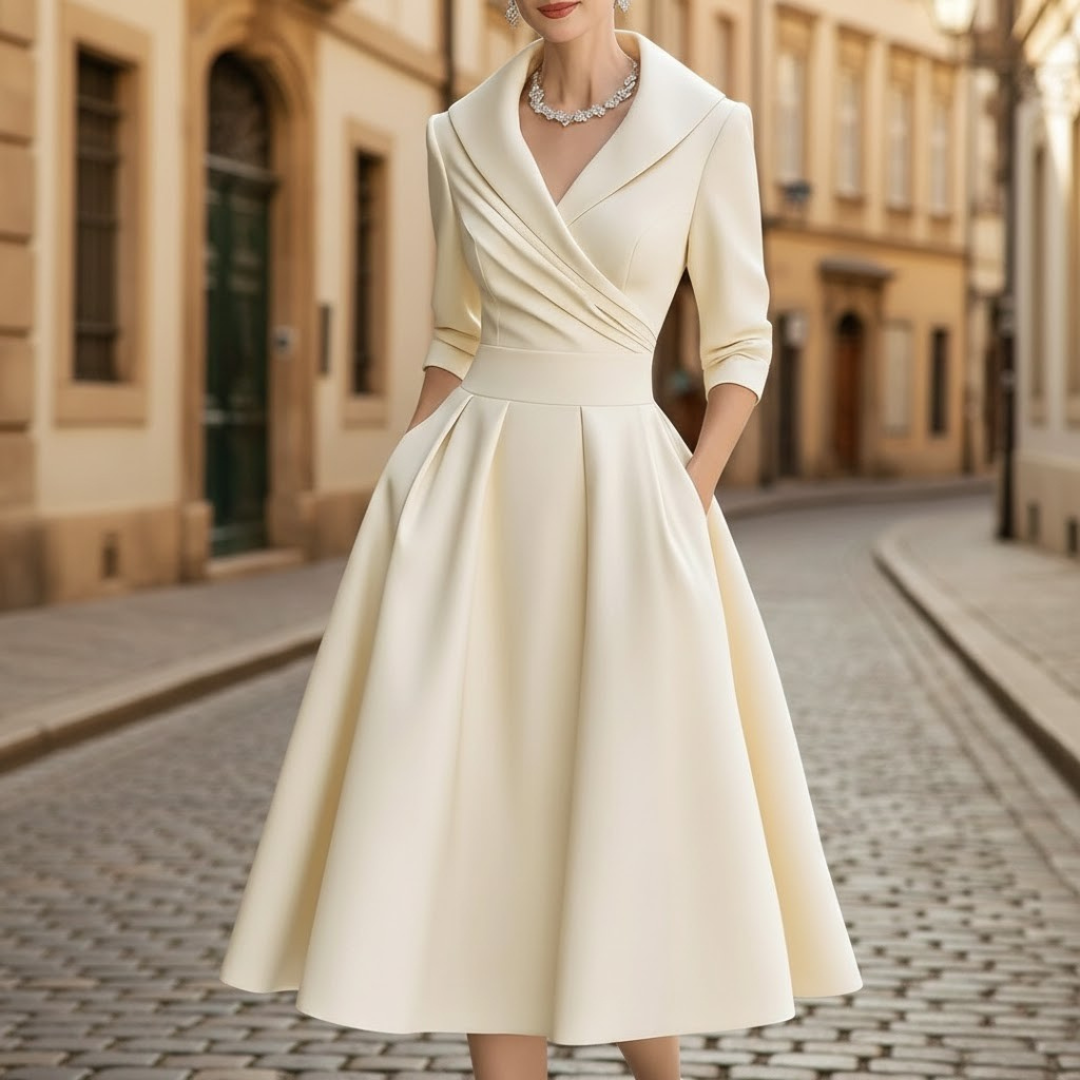 Robe midi élégante col en V manches trois quarts