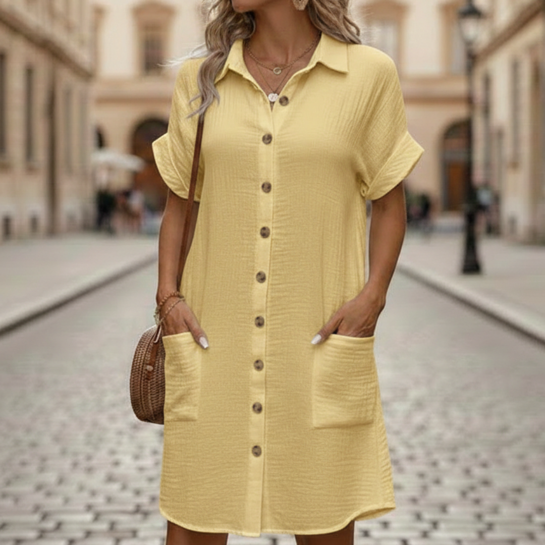 Women's Polyester Button-Down Shirt Dress with Pockets