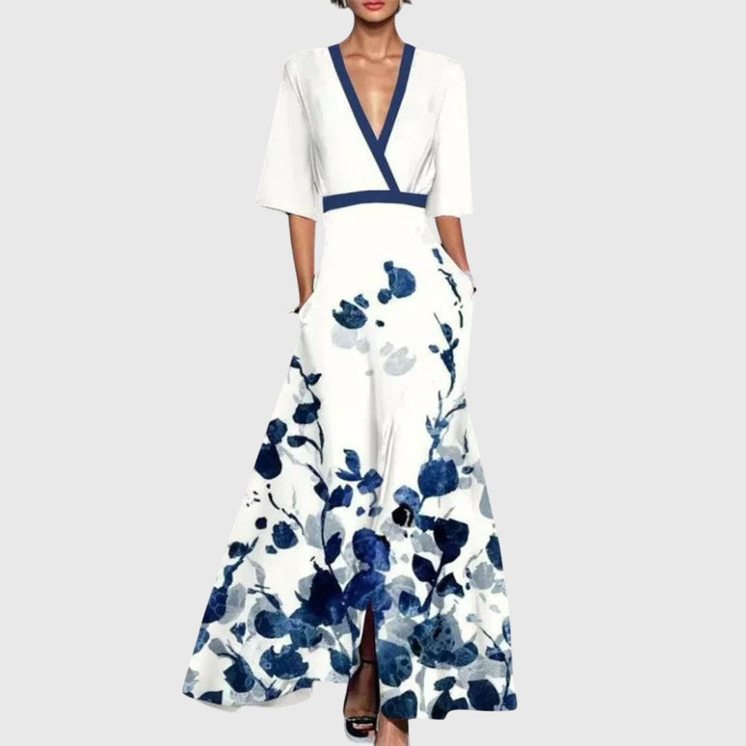 Vestido largo de mujer floral con escote en V, manga 3/4 y corte en A – Formal