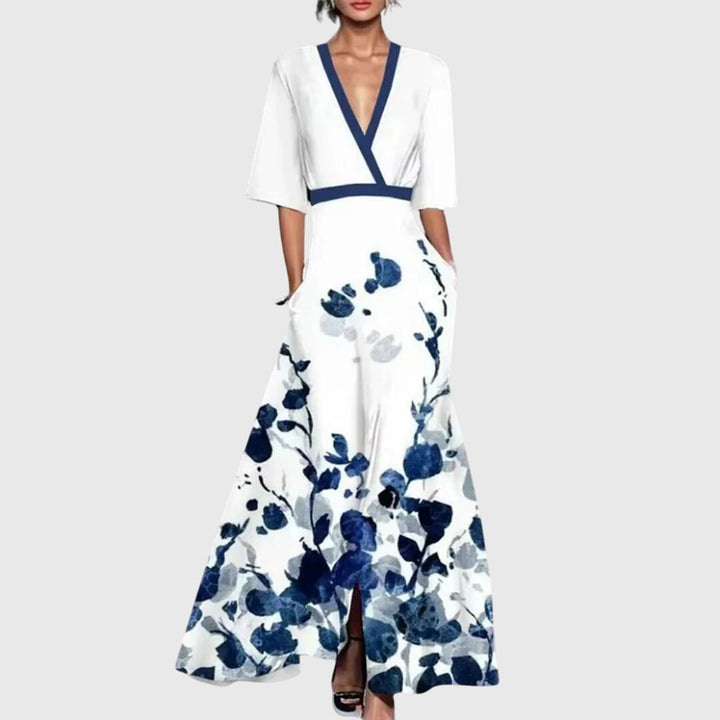 Women's Dress Satin Floral Long Sleeve V-Neck Belted Flared