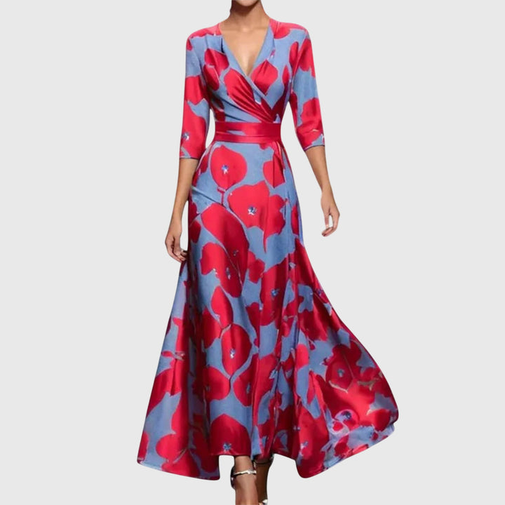 Vestido largo de mujer floral con escote en V, manga 3/4 y corte en A – Formal