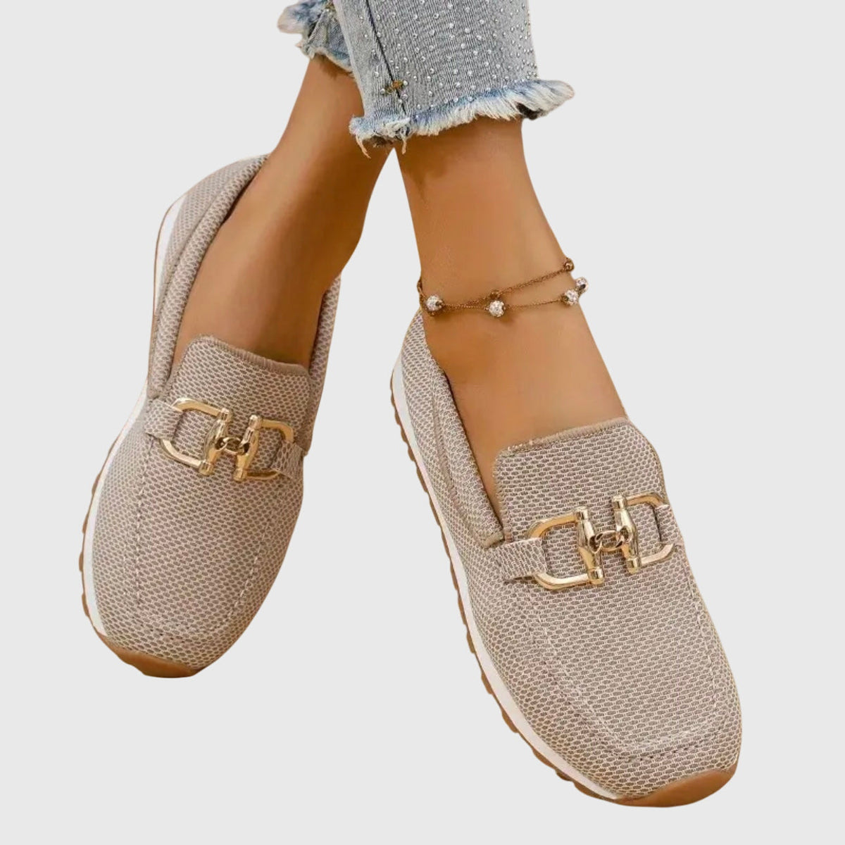 Mocasines ortopédicos para mujer, sin cordones, plantilla acolchada, suela de goma, detalle metálico