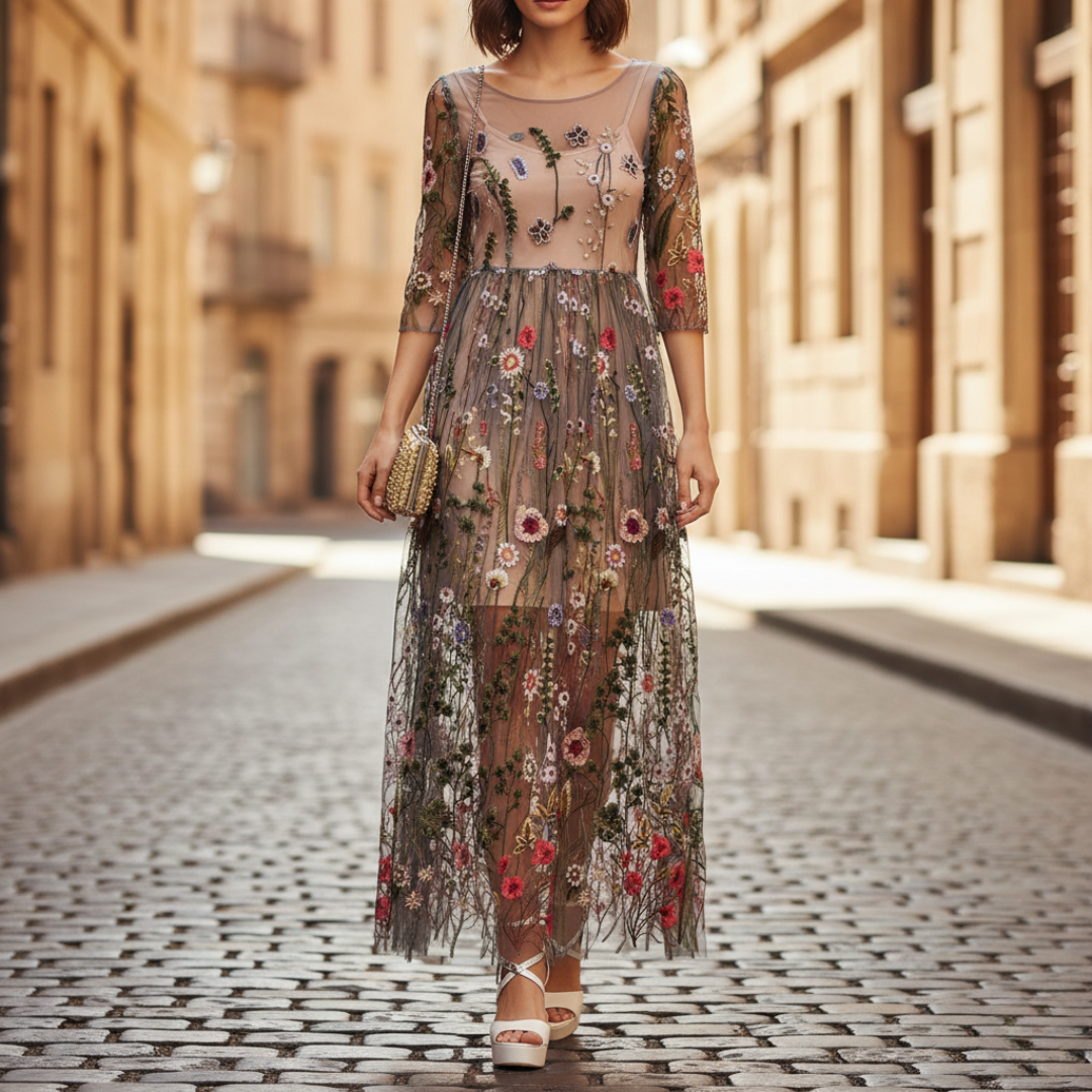 Vestido largo bordado de malla para mujer