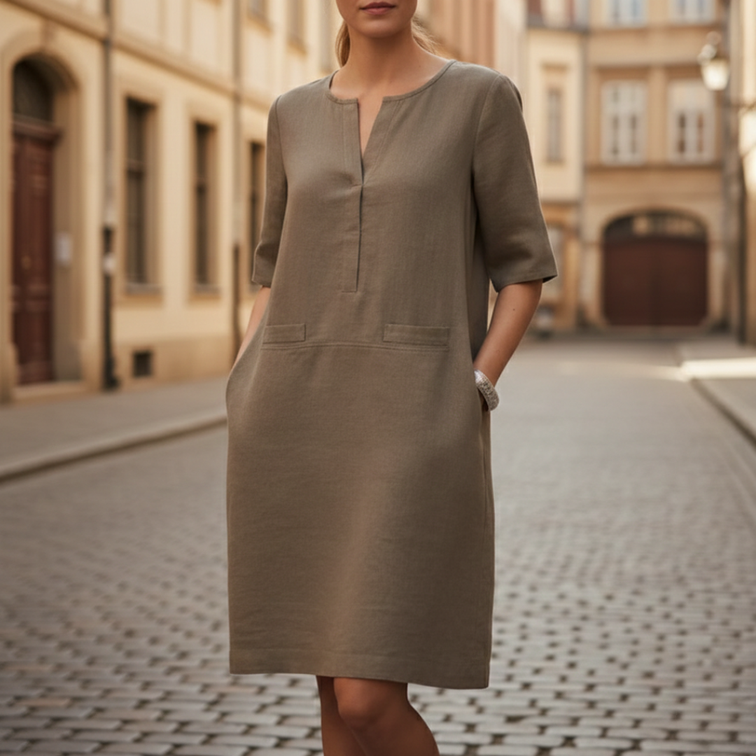 Shift Dress Short Sleeve Linen Look Womens