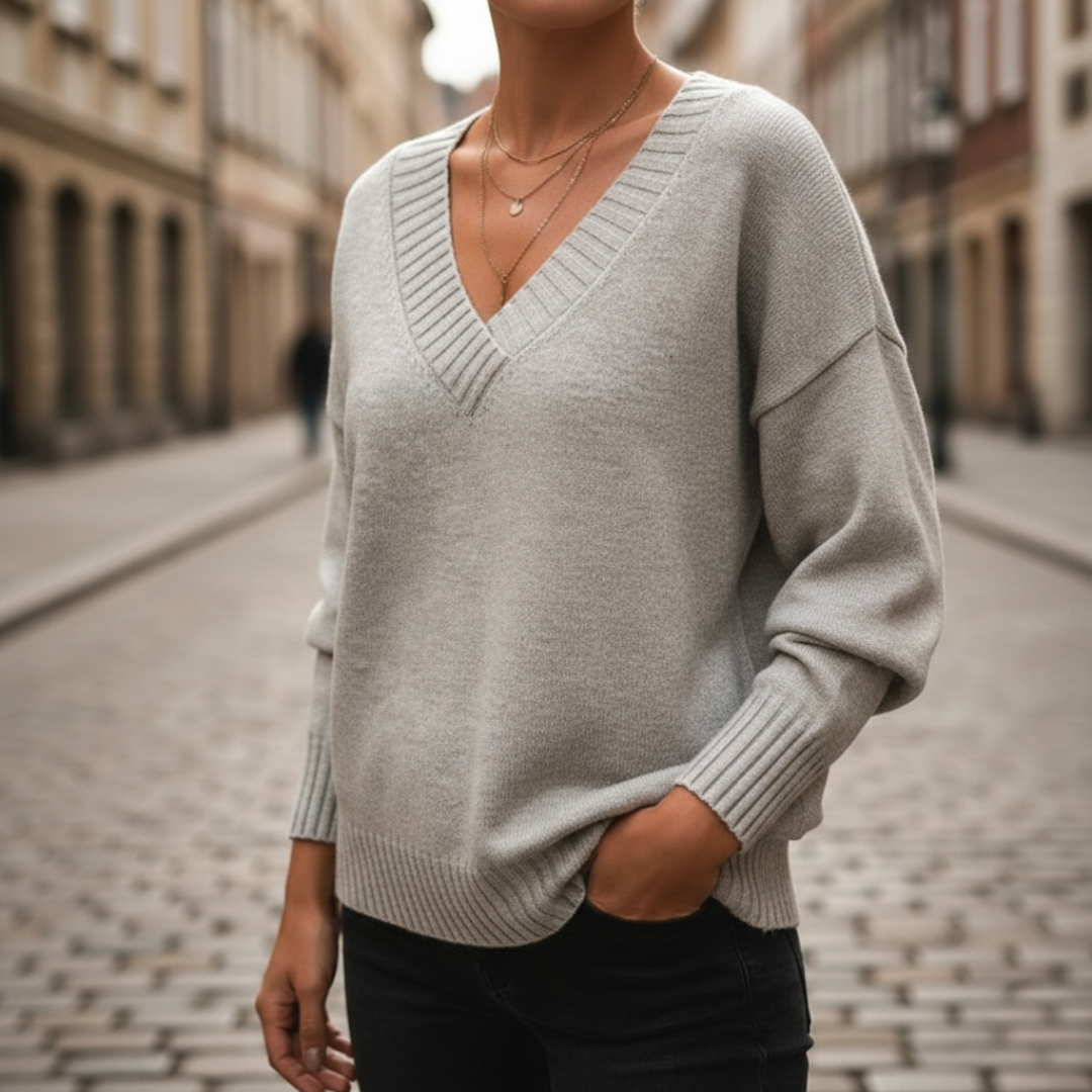 Sweater V-Neck Ribbed Knit Long Sleeve Womens