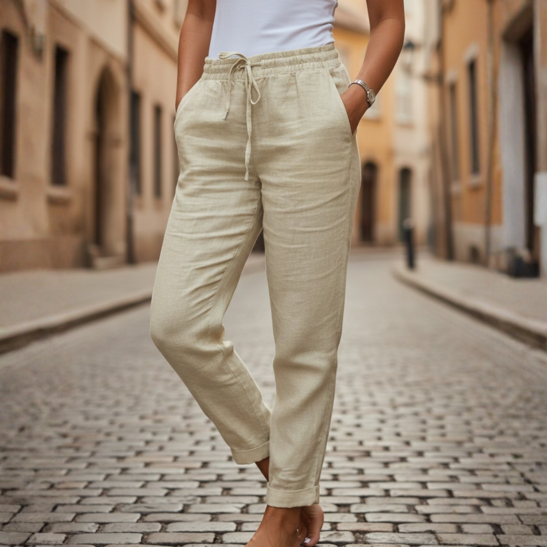 Linen Pants Drawstring Elastic Waist Tapered Women Summer