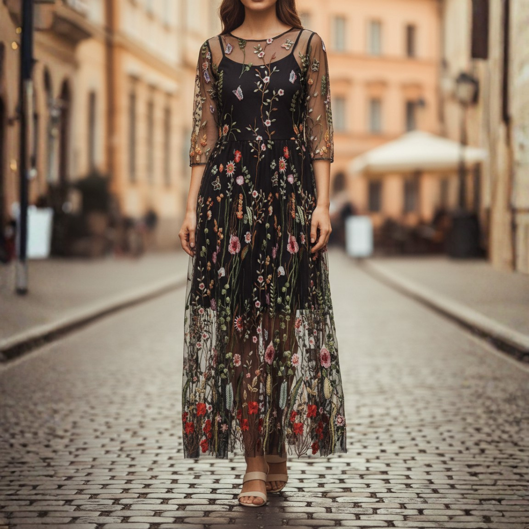 Vestido largo bordado de malla para mujer