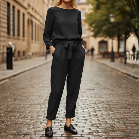 Ensemble deux pièces haut à manches longues ceinturé pantalon fuselé femme