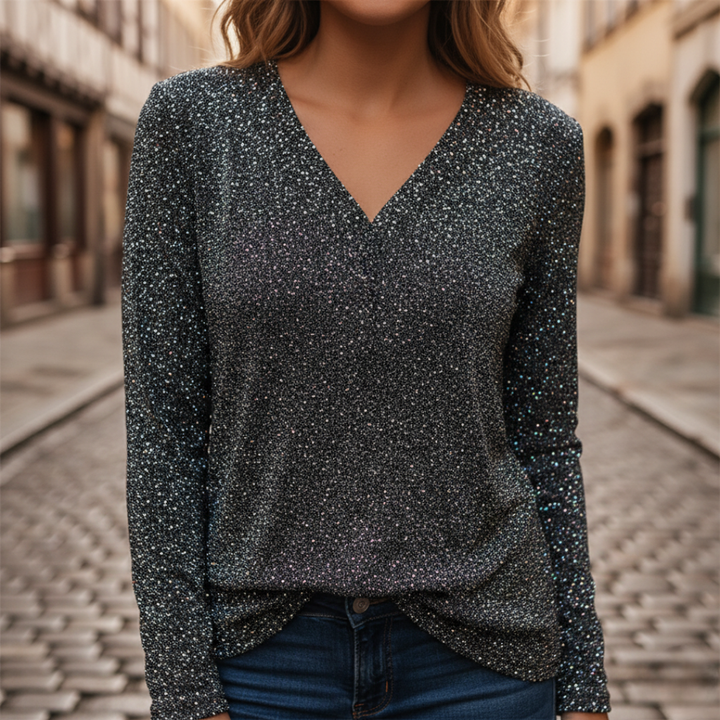 Pull à paillettes col en V manches longues métallisé pour femme